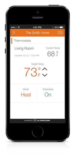iPhone showing thermostat control from Alarm.com app