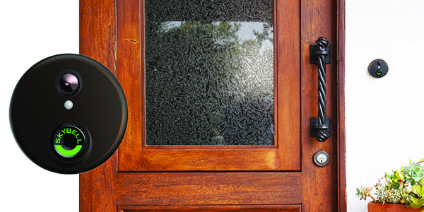 black Skybell doorbell with wood front door