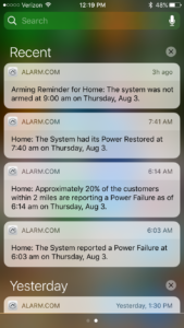 screenshot of phone notifications from Alarm.com