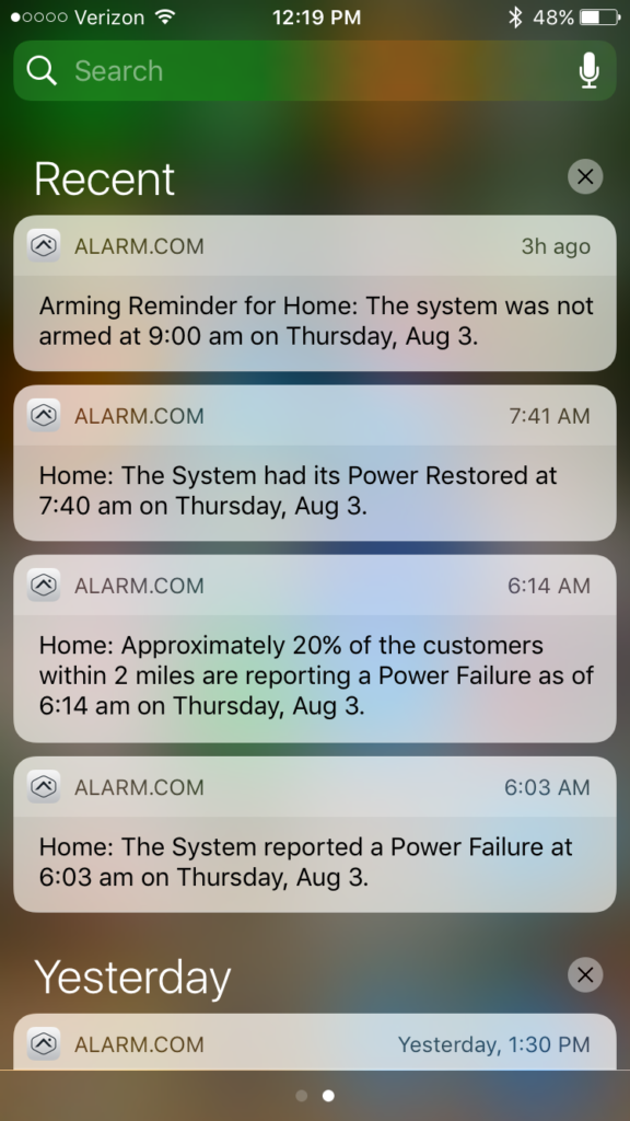 screenshot of phone notifications from Alarm.com