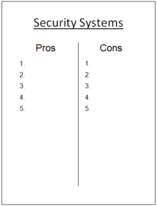picture of a numbered pros and cons list for security systems