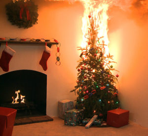 picture of a Christmas tree that is on fire