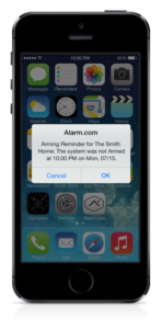 iPhone showing Alarm.com arming reminder