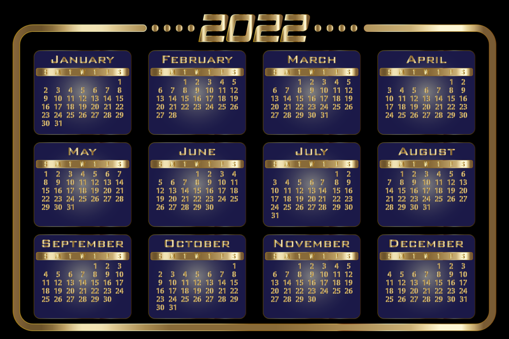Digitally created 2022 calendar in blue and gold