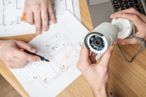 hands reviewing floorplan of security layout