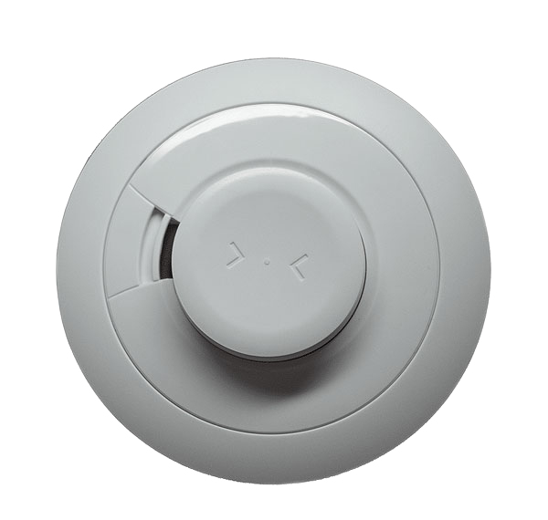 A circle-shaped, white security alarm unit